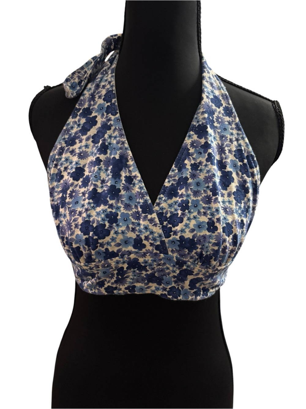 Anne Cole Locker Y2K Blue Floral Halter Crop Top OS Small Medium Tie Back